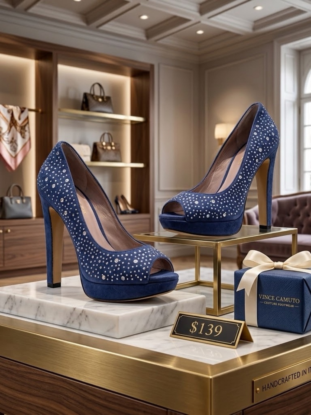 Vince Camuto Blue Suede Rhinestone Platform Pumps Size 7